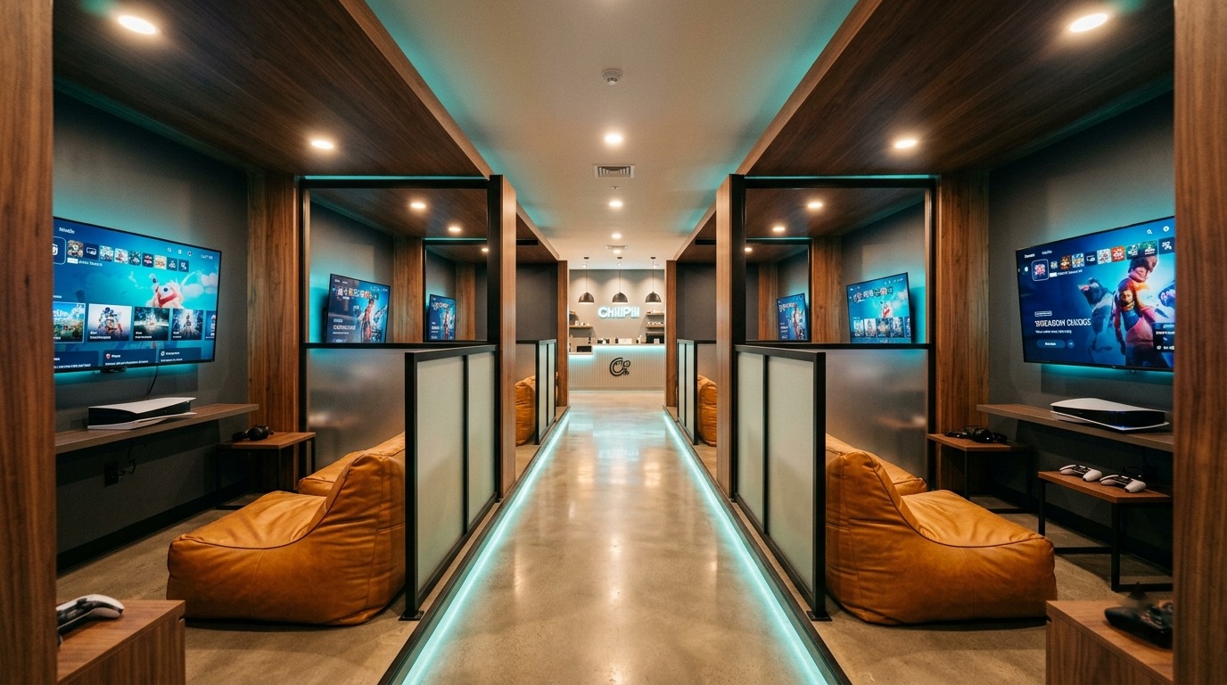 Gaming cabin corridor at ChillPill Gaming Cafe