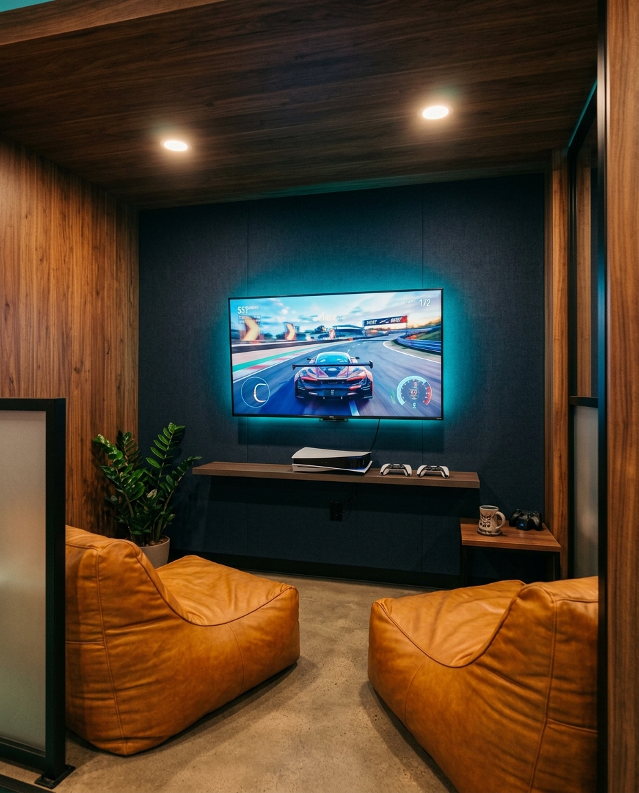 A private gaming cabin with a PlayStation, big screen, and bean bags